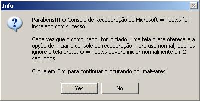 Janela de Aviso e Opções do Sistema Antivirus Combofix 