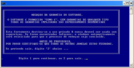 Janela de Aviso e Opções do Sistema Antivirus Combofix 