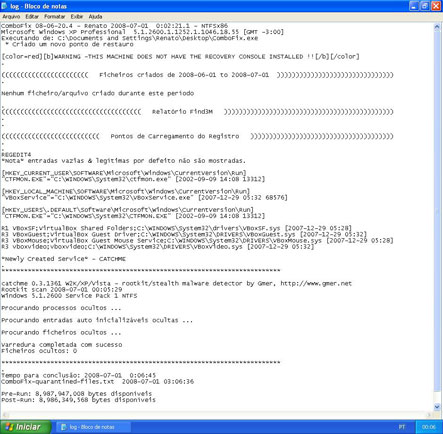 Janela do Log Combofix.txt - Sistema Antivirus Combofix 